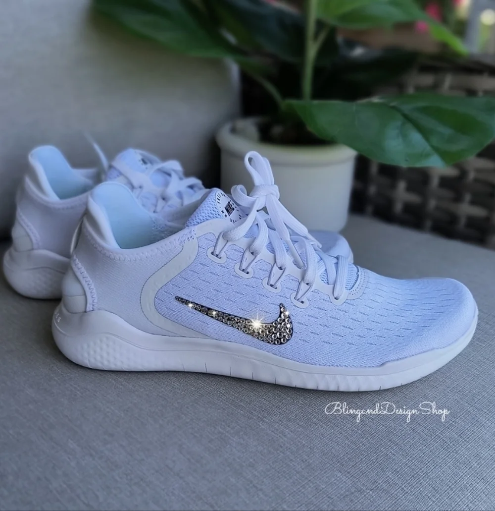 Bling Nike Free RN 2018 White Sneakers Customized with Crystal Rhinestones